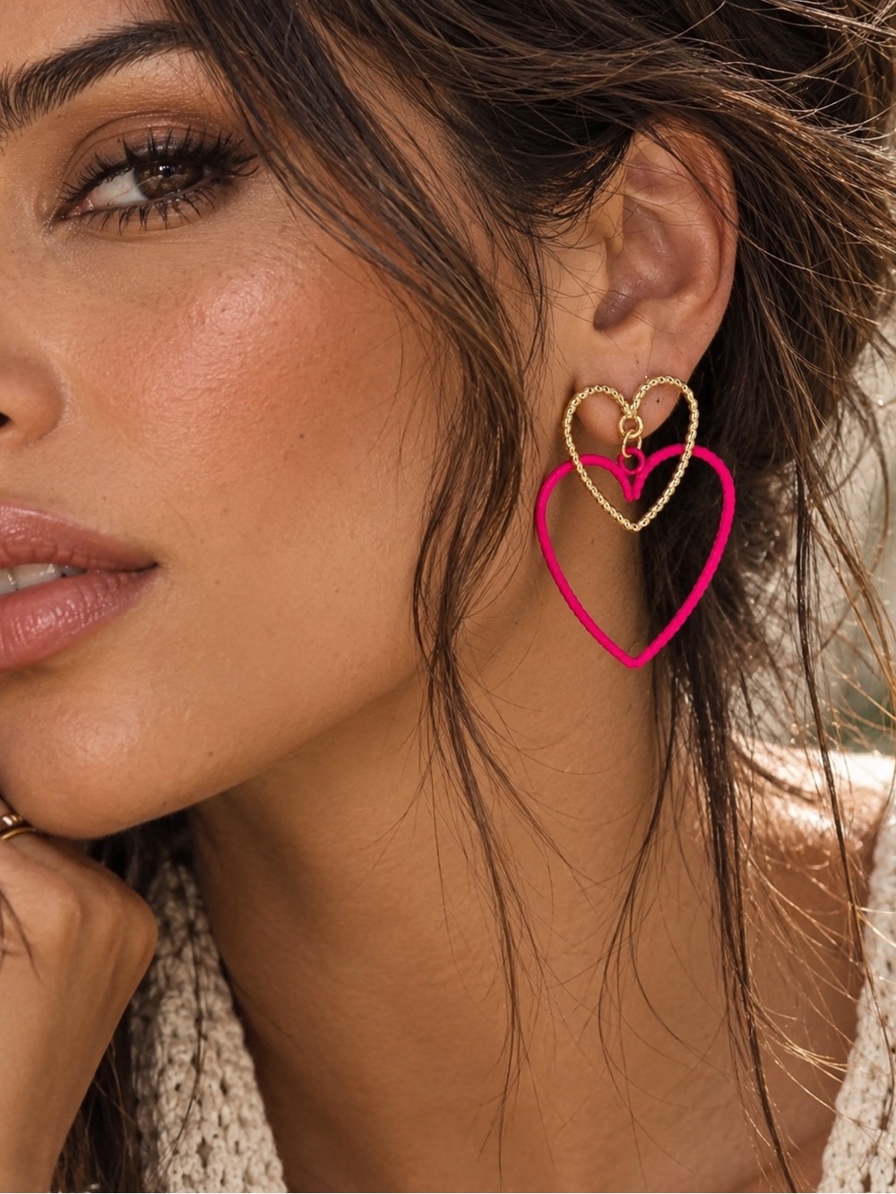 2/$30🌵 Double Heart Pink & Gold Tone Earrings Jewelry Whimsical Lightweight NEW